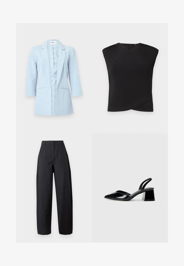 Blazer azul claro para mujer con mangas largas, solapas con muesca y dos bolsillos delanteros, exhibido sobre un fondo blanco.; Top corto de manga corta negro con un diseño cruzado, hecho de una tela suave. Presenta un escote en V y hombros estructurados para una silueta moderna.; Pantalones de pierna ancha y cintura alta en color negro, con bolsillos frontales y trabillas para cinturón, mostrados sobre un fondo claro y sencillo.; Zapatos de tacón slingback de charol negro con punta afilada y tacón geométrico en bloque. Presentan un diseño elegante y minimalista, así como una textura suave.