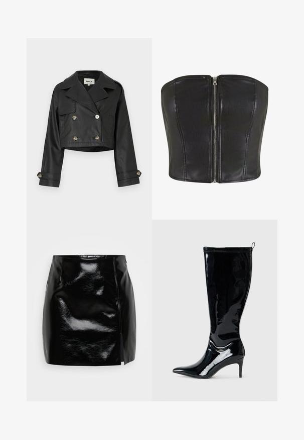 Veste en cuir noire courte avec un design croisé, des boutons en métal, de grands revers et des manches retroussables. Texture lisse.; Top en corset en cuir noir avec une coupe structurée. Comprend une fermeture éclair centrale en argent et des coutures le long du buste. Texture lisse.; Mini-jupe noire en matériau brillant. Comprend une fermeture éclair sur le côté et une fente sur le côté droit pour un détail et un design supplémentaires. Texture lisse.; Botte en cuir verni noir, hauteur genou, avec un bout pointu et un talon slim haut. Comprend une fermeture éclair à l'arrière et une texture lisse et brillante.