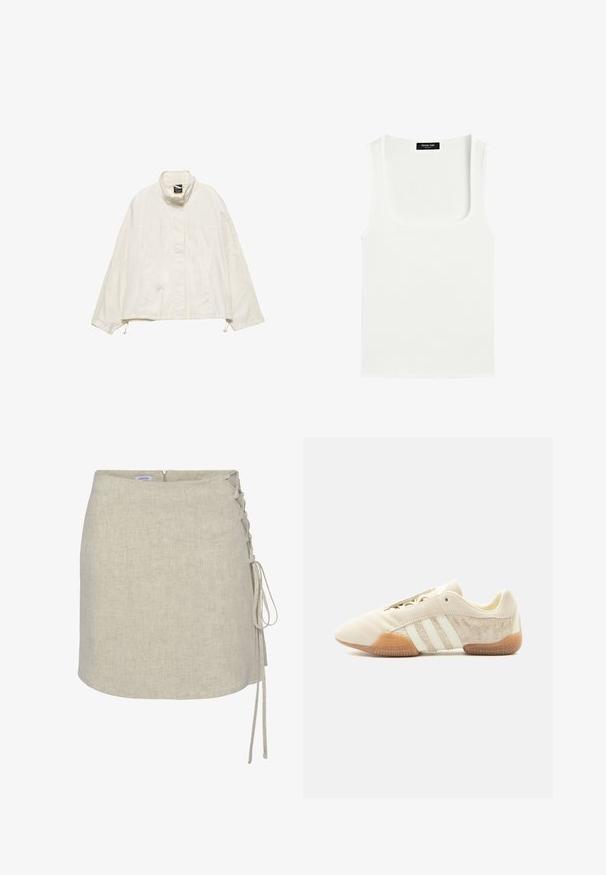 Hvid kort jakke med høj krave, løs pasform, textured stof og justerbare snore i kanten og ved ærmerne.; Hvid ærmeløs tanktop med firkantet halsudskæring og sort label på den indvendige bagside af nakken.; Beige linnedraperet nederdel med en snørredetalje på venstre side, lige snit og lynlås i ryggen. Glat, tekstureret stof.; Lavprofileret beige sneaker med tre hvide striber, teksturerede ruskindssidepaneler, gummisål og snørelukning på ensfarvet baggrund.