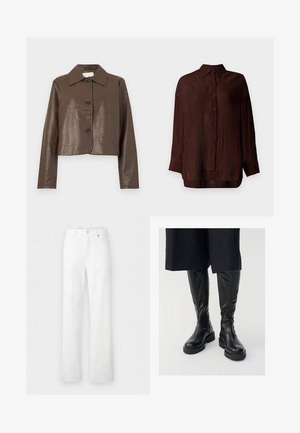 Chaqueta corta de cuero marrón con mangas largas, cuello grande y tres botones negros en la parte delantera.; Blusa ligera marrón con un acabado texturizado, cierre frontal de botones, cuello y mangas largas, que presenta un corte relajado y aberturas laterales.; Vaqueros blancos de cintura alta con piernas rectas, trabillas para cinturón, botón delantero, bragueta con cremallera y bolsillos delanteros y traseros sobre un fondo claro.; Botas de cuero negras hasta la rodilla con una textura suave, suelas gruesas y cremalleras laterales. El diseño presenta un sutil detalle de costura.