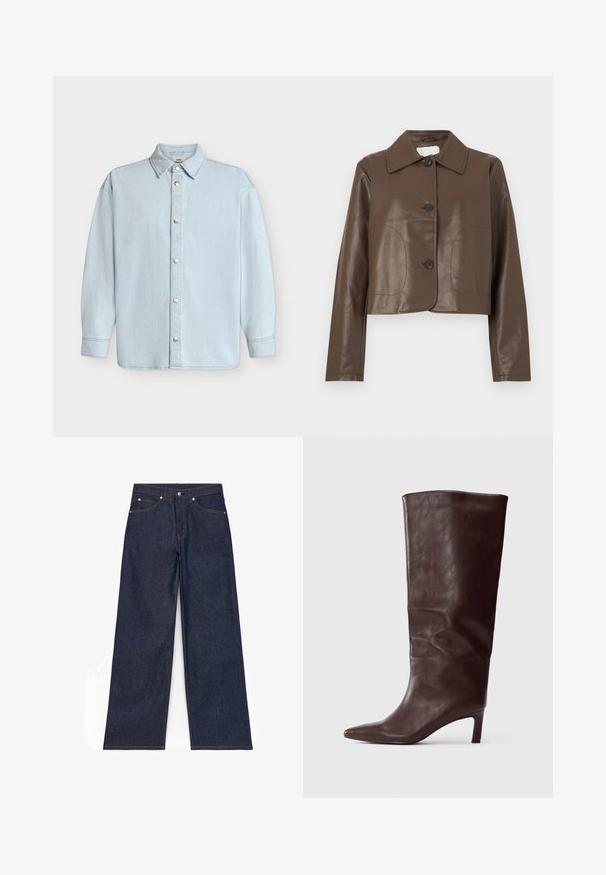 Veste en cuir marron raccourcie avec manches longues, grand col et trois boutons noirs sur le devant.; Chemise en denim bleu clair à manches longues avec col et fermeture par boutons-pression argentés sur le devant.; Jean denim bleu foncé à jambes larges avec bouton à l'avant, fermeture éclair et poches avant et arrière, présenté à plat sur fond blanc.; Botte en cuir marron foncé, haute et à bout pointu, avec un talon slim de hauteur moyenne sur fond blanc uni.