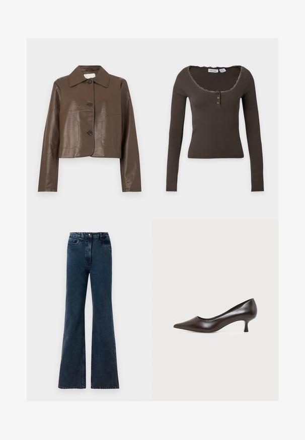 Braune, kurze Lederjacke mit langen Ärmeln, großem Kragen und drei schwarzen Knöpfen vorne.; Braunes, geripptes Langarmshirt mit rundem Ausschnitt, zwei Knöpfen vorne und Spitzenbesatz am Kragen.; Dunkelblaue Hochbund-Weitleg-Jeans mit Fronttaschen, Gürtelschlaufen und Knopfverschluss.; Dunkelbrauner Leder-Pumps mit spitzer Kappe und niedrigem, gebogenem Absatz auf weißem Hintergrund.