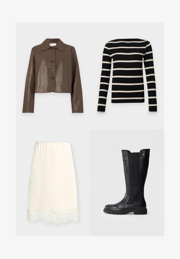 Veste en cuir marron raccourcie avec manches longues, grand col et trois boutons noirs sur le devant.; Haut à manches longues rayé noir et crème avec une texture côtelée et un col rond. Présente de fines rayures horizontales alternées.; Demi-jupon couleur crème avec taille élastique et bordure en dentelle le long de l'ourlet, présenté sur un fond clair uni.; Botte en cuir noir à hauteur de genou avec panneaux latéraux en élasthanne, bout rond, semelle épaisse et petit logo accentué sur le côté extérieur.