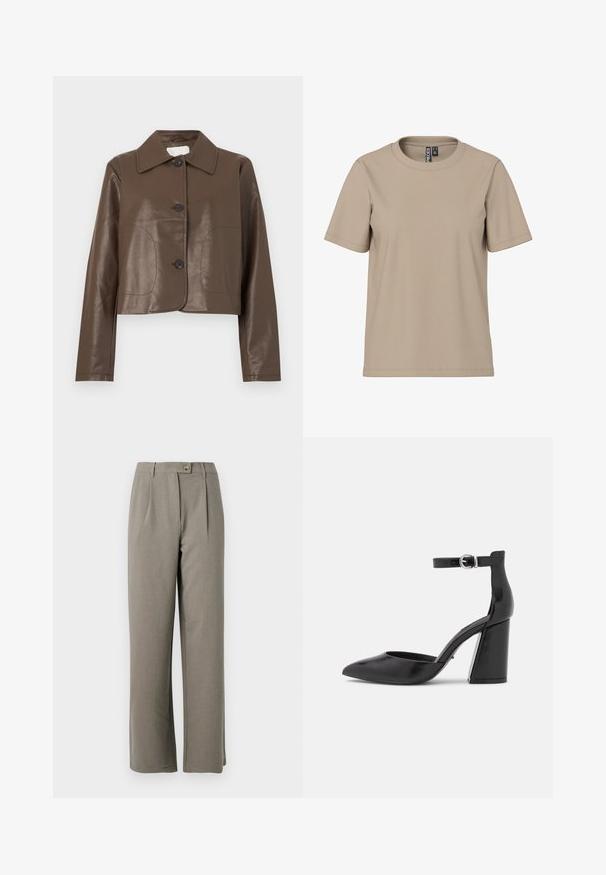 Brun kort læderjakke med lange ærmer, stor krave og tre sorte knapper foran.; Beige bomulds T-shirt med rund hals, korte ærmer og en afslappet pasform. Har minimal syning og ingen synlige mønstre eller accenter.; Lys grå bredbenede bukser med en glat tekstur, der har frontfold, en knaplukning og to sidelommer.; ONLY SHOES ONLPAVI - Pumps - black
