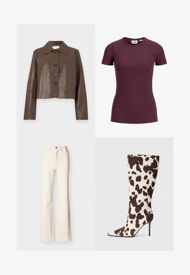 Veste en cuir marron raccourcie avec manches longues, grand col et trois boutons noirs sur le devant.; T-shirt côtelé ajusté à manches courtes couleur prune foncée avec col rond et étiquette avant indiquant la marque JJXX et la taille 5.; Jean taille haute couleur blanc cassé avec bouton à l'avant, fermeture éclair, poches avant et arrière, et coupe légèrement évasée au niveau des jambes.; Bottes jusqu'aux genoux à bout pointu en tissu imprimé vache crème et marron, avec un talon aiguille fin et une texture lisse.