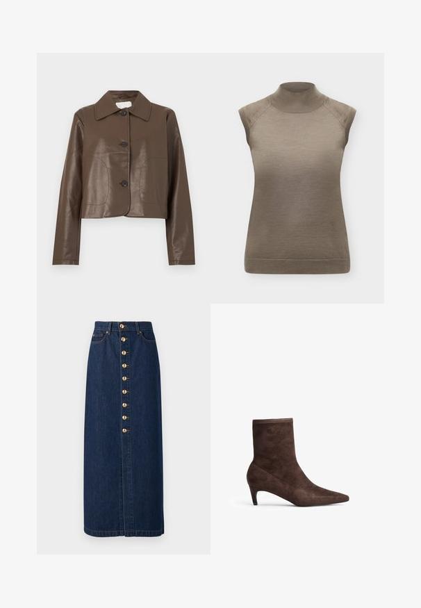 Brun kort læderjakke med lange ærmer, stor krave og tre sorte knapper foran.; Ærmeløs taupe striktop med høj hals og ribkanter på ærmer og kant, vist på ensfarvet baggrund.; Denim midi nederdel i mørkeblå med lige snit, der har knaplukning foran og guldfarvede knapper ned langs midten.; Brune ruskindsankelboot med spids tå og slank hæl. Har en glat overflade og et højt skaftdesign.