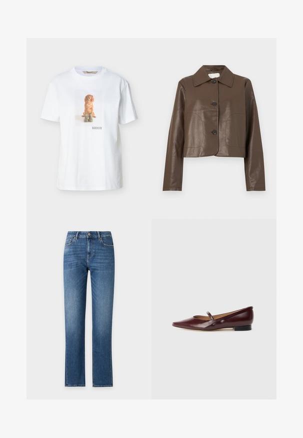 Veste en cuir marron raccourcie avec manches longues, grand col et trois boutons noirs sur le devant.; T-shirt blanc avec une impression centrée d'un chien marron assis derrière deux bottes vertes et le texte "BARBOUR" en dessous.; Jean en denim bleu droit avec bouton et fermeture éclair à l'avant, passants de ceinture, et poches avant et arrière sur fond blanc.; Chaussure plate en cuir verni bordeaux avec un bout pointu et une sangle décorative sur le cou-de-pied. Présente un petit talon noir.