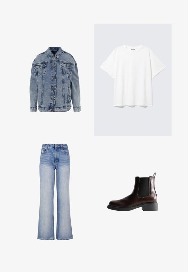 Lyseblå denimjakke med klassisk krave, knaplukning, lange ærmer, to brystlommer og en afslappet pasform.; Hvid T-shirt med korte ærmer og rund halsudskæring med en afslappet pasform og et "WEEKDAY" mærke på indersiden af nakken bagtil.; Lys blå denim bred-benede jeans har høj talje, knaplukning, diskret slidmærker og et klassisk fem-lomme design.; Brune læder ankelstøvle med elastiske sidepaneler, rund tå og en struktureret sort gummisål. Har kontrasterende syninger og en trækflap.