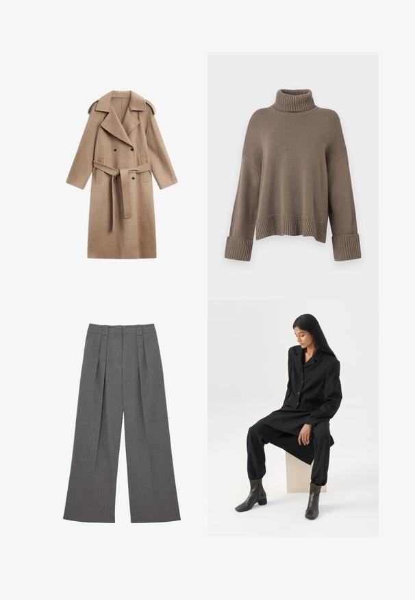 Langer beiger zweireihiger Wollmantel mit breiten Revers, tailliertem Gürtel, Schulterklappen und Seitentaschen.; Taupe lockeres, geripptes Strickpullover mit breiten Bündchen und einem dicken, umgeschlagenen Stehkragen.; Graue, hoch taillierte, weit geschnittene Hosen mit vorderen Falten und Gürtelschlaufen, entworfen für einen maßgeschneiderten und formellen Look.; Frau mit langen dunklen Haaren sitzt, trägt einen lockeren schwarzen Blazer, passende weite Hosen und dunkle Stiefeletten vor einem schlichten weißen Hintergrund.