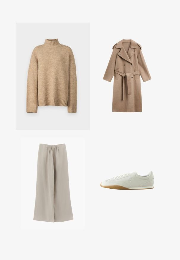 Lang beige dobbeltradet uldfrakke med brede revers, bælte i taljen, skulderklapper og sidelommer.; Beige rullekravetrøje lavet af blødt, struktureret strikmateriale. Har ribbede manchetter og kant, samt en afslappet pasform. Klassisk og hyggeligt design.; Beige bukser med vidde i benene, elastik i taljen, frontbukser og løs pasform, vist på en ensartet hvid baggrund.; Hvid lav sneaker med brun gummisål, syningsdetaljer, snørelukning foran og broderet logo på siden.