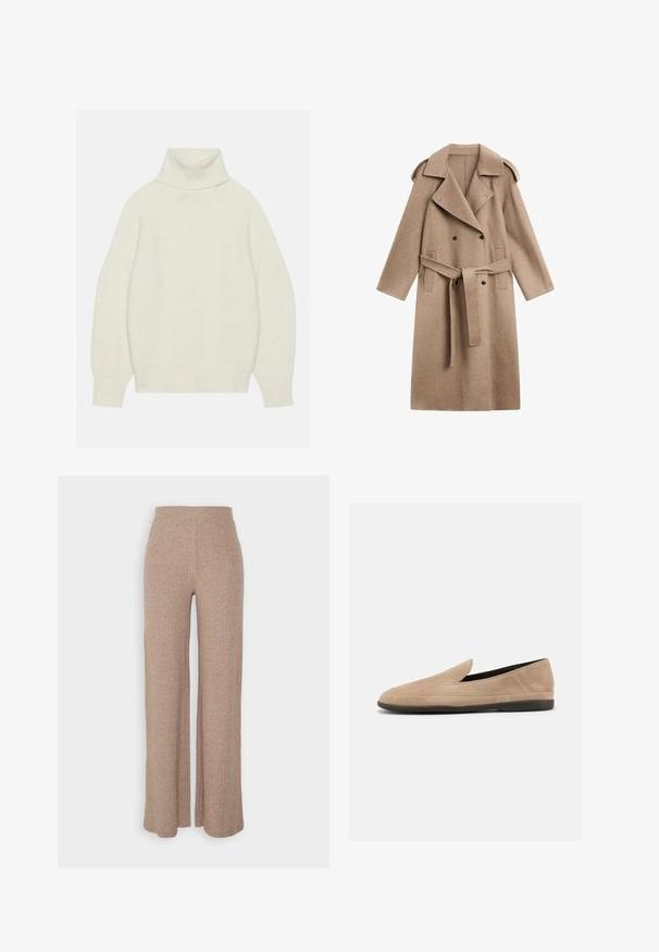 Lang beige dobbeltradet uldfrakke med brede revers, bælte i taljen, skulderklapper og sidelommer.; Rullekrave sweater i creme, lavet af blødt strikket materiale. Har en afslappet pasform, raglanærmer samt ribbede ærmer og kant.; Beige ribbede vide bukser med høj talje og blød tekstur, der har en løs pasform og ingen synlige lukninger.; Beige ruskind slip-on loafer med sort sål, lav hæl og rund tå, vist fra siden på hvid baggrund.