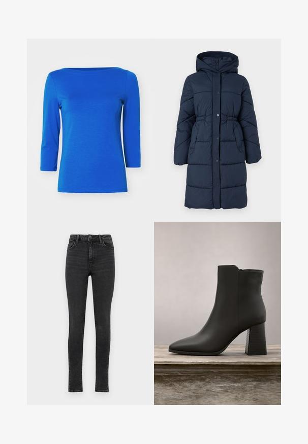 Marineblå pufferjakke med hætte, ribbet krave, frontlågslukning og to sidelommer med quiltet tekstur og polstring.; Vero Moda Langærmet T-shirt - surf the web; Sorte skinny jeans med høj talje, fem-lomme design, glat denim tekstur og en falmet finish. Har lynlås og knaplukning.; Sort læder ankelstøvle med spids tå og en blokhæl, udstyret med et struktureret sort område og en glat overflade.