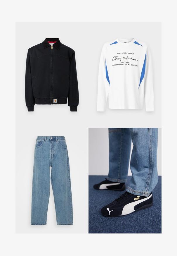 Zwarte werkjas met ritssluiting, geribbelde manchetten en zoom, een kraag van ribfluweel, zijzakken en een klein Carhartt-logo op de voorste zoom.; Witte lange mouw shirt met ronde hals en blauwe accenten op de schouders en zijkanten, met zwarte tekst "Obey Studios 1989-2026 International Visual Institute" aan de voorkant.; Lichtblauwe denim jeans met een hoge taille, ontspannen pasvorm, met twee zijzakken, een achterzak met patch en een knoopsluiting.; Zwarte suède sneakers met witte accenten, voorzien van een gouden logo. Gemaakt met lichtblauwe spijkerbroek en geplaatst op een textuur blauwe ondergrond.