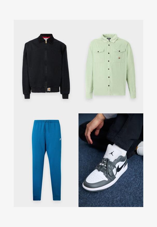 Sort arbejdsjakke med lynlås, ribstrikkede manchetter og kant, fløjlsagtet krave, sidelommer og lille Carhartt-logo på frontens kant.; Lysegrøn fløjlsbluse med lange ærmer, brune knapper og to brystlommer med knapper, hvoraf den ene har et lille logopatch.; Blå sweatpants med elastisk talje og justerbar snor. Har et hvidt logo på låret og tapered manchetter ved anklerne.; Nike Air Jordan 1 sneakers i hvidt og grå læder, med et sort logo, perforeret tå og flade grå snørebånd.
