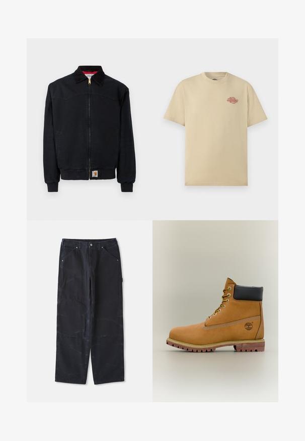 Veste de travail noire à fermeture éclair avec poignets et ourlet côtelés, col en velours côtelé, poches latérales et petite étiquette logo Carhartt sur l'ourlet avant.; T-shirt beige à manches courtes avec col rond, petit logo rouge "Dickies" sur la poitrine gauche.; Pantalons larges noirs en denim avec une finition texturée, dotés de poches avant et d'une fermeture à bouton classique.; Bottine en cuir marron avec col noir, lacets jaunes et semelle beige. Présente un logo et des détails de couture blanche. Semelle extérieure à traction robuste.