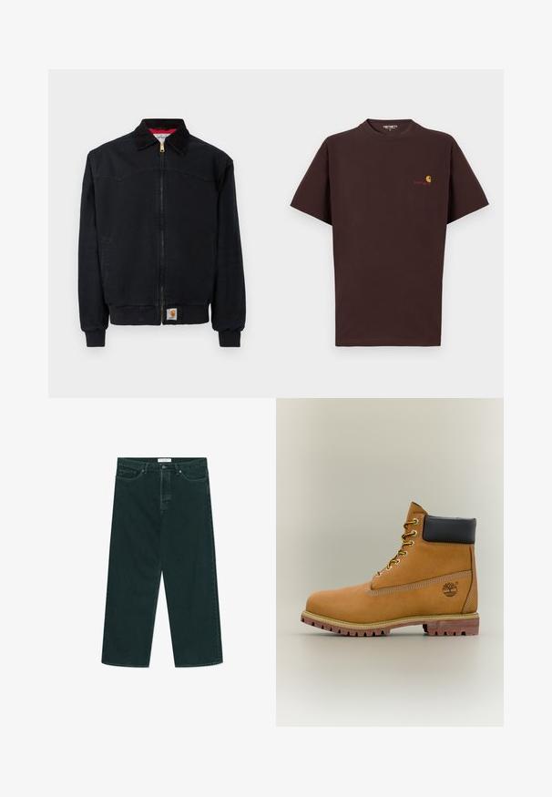 Sort arbejdsjakke med lynlås, ribstrikkede manchetter og kant, fløjlsagtet krave, sidelommer og lille Carhartt-logo på frontens kant.; Brun bomulds t-shirt med korte ærmer, rund halsudskæring, logo på venstre bryst i orange og rød, lige kant og afslappet pasform.; Mørkegrønne vidde denimjeans med knap- og lynlås lukning, forlommer og bæltestropper, liggende fladt på en hvid baggrund.; Brun læderankelstøvle med sort krave, gule snørebånd og tanfarvet sål. Har logo og hvide syninger som detalje. Robust ydersål med greb.