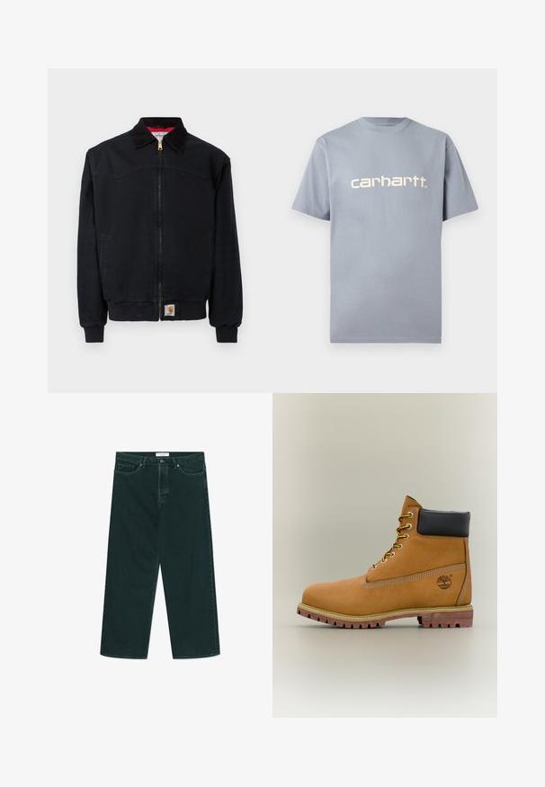 Schwarze Arbeitsjacke mit Reißverschluss, Rippbündchen an Ärmeln und Saum, Cordkragen, Seitentaschen und kleinem Carhartt-Logoaufnäher am unteren Saum.; Hellblaues T-Shirt mit kurzen Ärmeln aus Baumwolle, mit dem "carhartt."-Logo in kontrastierender heller Farbe quer über der Brust. Einfaches Design.; Dunkelgrüne weit geschnittene Jeans aus Denim mit Knopf- und Reißverschluss, Fronttaschen und Gürtelschlaufen, flach auf einem weißen Hintergrund ausgelegt.; Brauner Leder-Stiefelette mit schwarzem Kragen, gelben Schnürsenkeln und hellbrauner Sohle. Verfügt über ein Logo und weiße Ziernähe. Robuste Profilsohle.
