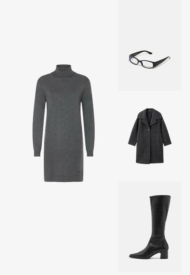 Manteau en laine à carreaux gris avec un large col, des poches avant et une fermeture à boutons. Le design présente une silhouette structurée et un tissu texturé.; Robe en col roulé gris en matériau tricot doux. Elle présente des manches longues, une silhouette ajustée et un logo discret près de l'ourlet.; Botte en cuir noire arrivant au genou avec un bout pointu, des détails de couture minimum et un talon carré épais. Texture lisse avec un fini brillant.; Des lunettes rectangulaires noires avec des verres transparents. Fini brillant, branches étroites et teinte violette visible sur les bords des verres.