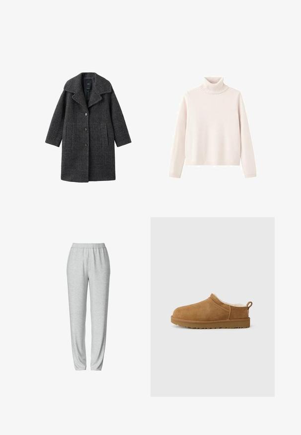 Gråternet uldfrakke med bred krave, forlommer og knaplukning. Designet har en struktureret silhuet og tekstureret stof.; Lyserød turtleneck sweater lavet af blødt strikket stof, har ribbet krave og manchetter, med en afslappet pasform og minimalistisk design.; Grå sweatsbukser med elastisk talje, tætsiddende bendesign, blød tekstur og ingen synlige mønstre eller hardware detaljer.; Brune ruskind slip-on sko med blødt, hvidt pelsfor, flad gummisål, rund tå og lille trækstrop ved hælen.