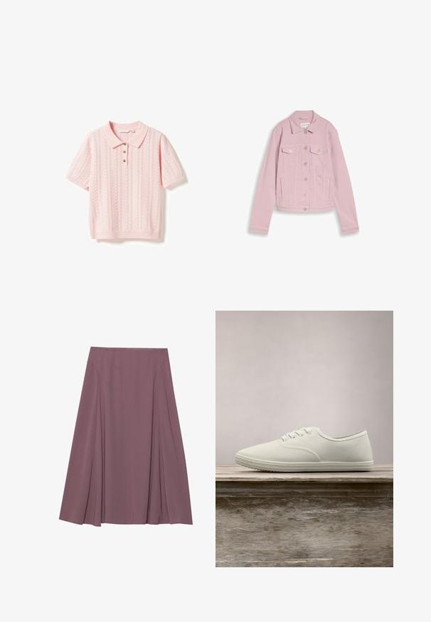 Veste en denim rose clair à manches longues, fermeture à boutons sur le devant, deux poches à rabat sur la poitrine et poches sur les coutures latérales.; Polo en maille rose clair à manches courtes avec des motifs torsadés et ajourés, poignets et ourlets côtelés, et trois boutons marron sur la patte de boutonnage.; Une jupe longueur genou dans une couleur mauve atténuée, fabriquée en tissu léger avec un design plissé et une texture lisse. Aucun fermoir visible.; Baskets en toile blanches avec un bout arrondi, six œillets et une semelle en caoutchouc texturée, suspendues au-dessus d'une surface en bois avec de l'herbe verte en arrière-plan.