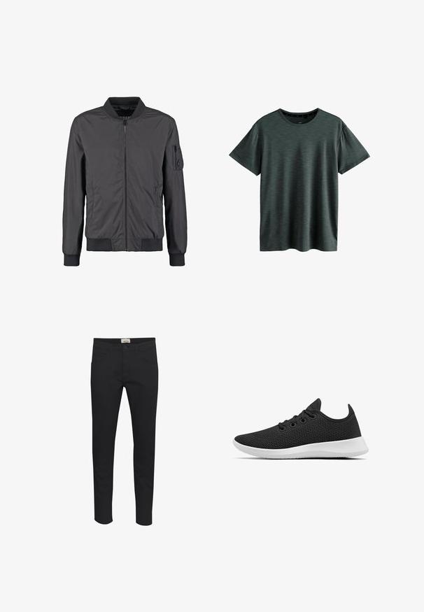 Schwarze Bomberjacke mit Frontreißverschluss, geripptem Kragen, Bündchen und Saum sowie einer Reißverschlusstasche am linken Ärmel.; Dunkelgraues T-Shirt aus weichem, strukturiertem Stoff. Verfügt über einen klassischen Rundhalsausschnitt und kurze Ärmel mit einem dezenten Muster. Keine sichtbaren Logos.; Schwarze Hosen aus solidem Fabric, mit regulärer Passform, fünf Taschen-Design und Knopfverschluss. Elegant und vielseitig.; Allbirds TREE RUNNERS - Sneaker low - jet black white sole