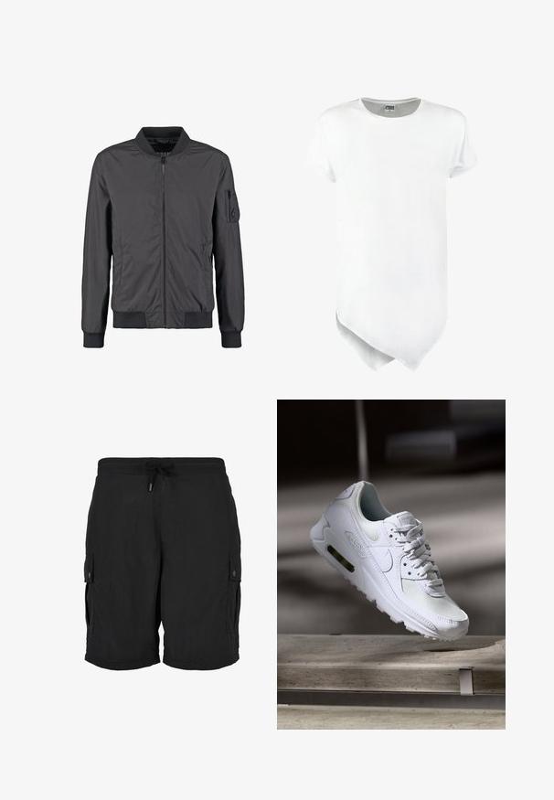 Sort bomberjakke med lynlås foran, ribbet krave, manchetter og kant samt en lynlåslomme på venstre ærme.; Kortærmet hvid t-shirt med rund halsudskæring og en asymmetrisk nederste kant, lavet af bomuldsblanding med en glat tekstur.; Sorte cargoshorts med elastisk talje, justerbar snøre og knaplukning på sidelommerne.; Hvide Nike Air Max 90 sneakers med en overdel i mesh og læder, perforeret tåboks og en synlig luftenhed i hælen.