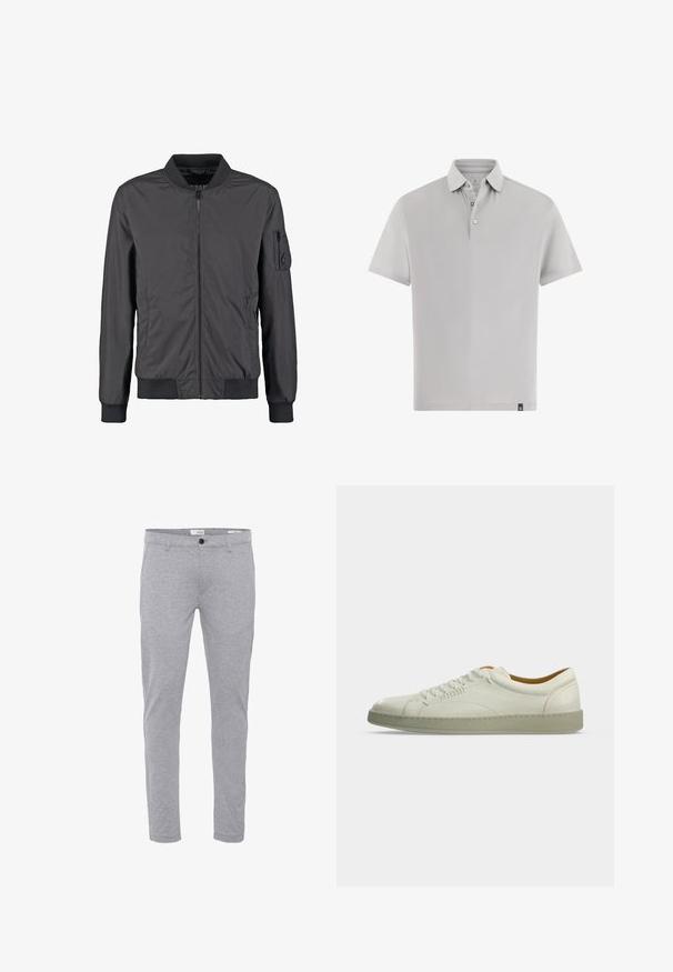 Veste bomber noire avec fermeture éclair à l’avant, col, poignets et bas côtelés, plus une poche zippée sur la manche gauche.; Polo gris à manches courtes en tissu lisse. Il présente un col classique, une patte avec deux boutons et une petite étiquette de marque sur l'ourlet.; Pantalon slim gris clair avec fermeture par bouton et zip à l'avant, poches avant et passants pour ceinture.; Baskets basses en cuir blanc avec semelle beige, lacets latéraux et détails de couture minimalistes, présentées sur un fond gris clair uni.