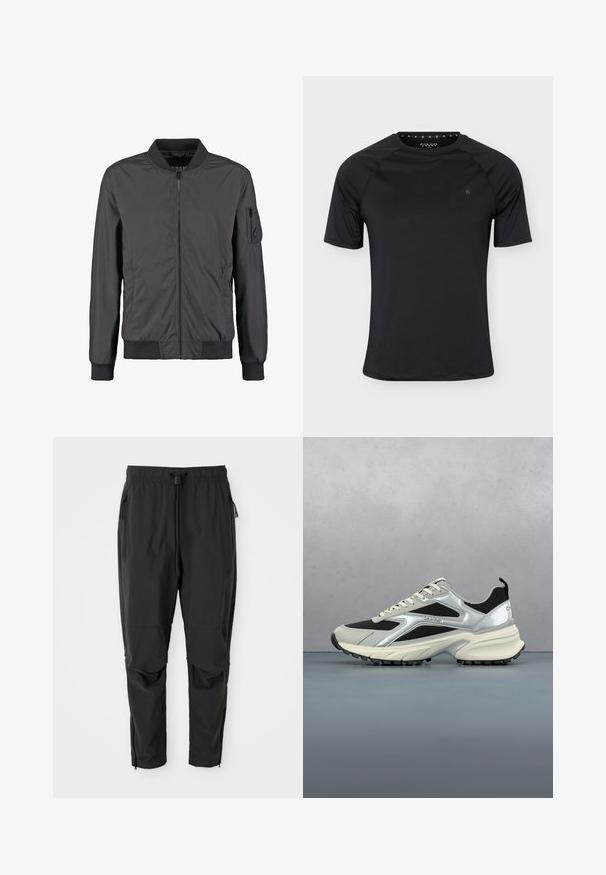 Veste bomber noire avec fermeture éclair à l’avant, col, poignets et bas côtelés, plus une poche zippée sur la manche gauche.; T-shirt de sport noir à manches courtes avec col rond et petit logo sur la poitrine gauche, présenté sur un fond clair uni.; Pantalons légers noirs avec taille élastique, cordon de serrage, poches latérales zippées, genoux articulés et zips aux chevilles.; Baskets modernes Calvin Klein noires et argentées suspendues au-dessus d'un sol en carrelage de bois avec un arrière-plan extérieur flou.