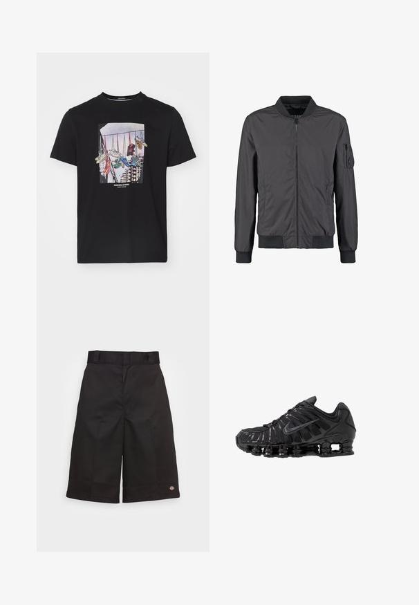 Veste bomber noire avec fermeture éclair à l’avant, col, poignets et bas côtelés, plus une poche zippée sur la manche gauche.; T-shirt en coton noir arborant un graphique de baskets suspendues à une ligne sur un fond clair, avec le texte "WEEKEND OFFENDER" en dessous.; Shorts en coton noirs à coupe droite, longueur genou, arborant un logo de marque visible sur l'ourlet et une texture lisse.; Chaussures de sport noires en mesh et matériaux synthétiques, présentant un design ondulé distinct, une semelle en caoutchouc noire et des accents réfléchissants.