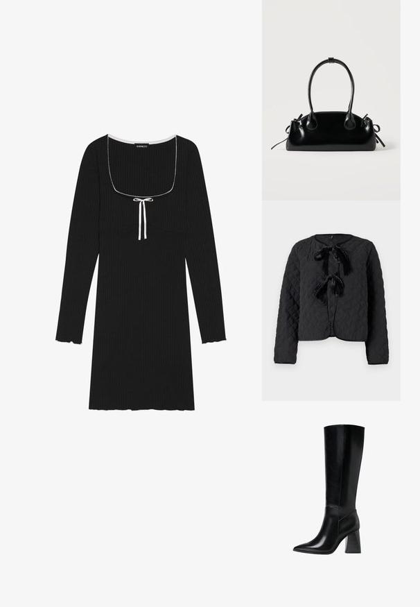 Veste matelassée noire avec des manches longues, un col rond et deux nœuds en velours à l'avant comme détails de fermeture.; Robe noir à manches longues côtelée avec un décolleté carré, un détail de cordon blanc et des poignets festonnés aux manches et à l'ourlet.; Bottes en cuir noir arrivant au genou, avec un bout pointu, une texture lisse et un talon épais et cranté pour la stabilité. Design élégant avec des accents minimalistes.; Petit sac à main noir brillant avec deux longues anses et des détails à cordon sur les côtés sur un fond clair uni.