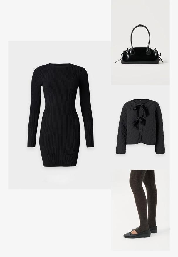 Veste matelassée noire avec des manches longues, un col rond et deux nœuds en velours à l'avant comme détails de fermeture.; Good American VIRGO MINI DRESS - Robe fourreau - black; Jambes portant des leggings côtelés foncés associés à des ballerines noires avec de petits détails en nœud sur fond blanc.; Petit sac à main noir brillant avec deux longues anses et des détails à cordon sur les côtés sur un fond clair uni.
