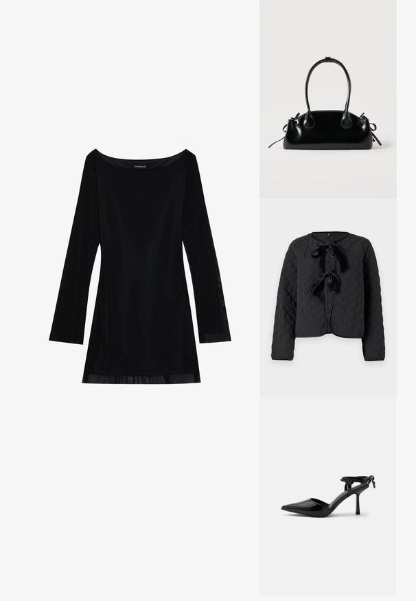 Zwarte gewatteerde jas met lange mouwen, een ronde halslijn en twee voorzijde van fluweel gemaakte striksluitingen.; Zwart lang mouwjurk met een off-shoulder halslijn, soepele textuur en een vloeiende silhouet. Heeft doorzichtige details aan de zoom.; Zwarte lakleren hoge hakken schoen met spits toelopende neus en enkelbandje achter gebonden in een knoop, afgebeeld op een effen witte achtergrond.; Kleine zwarte glanzende handtas met twee lange hengsels en zijkant trekkoord details op een effen lichte achtergrond.