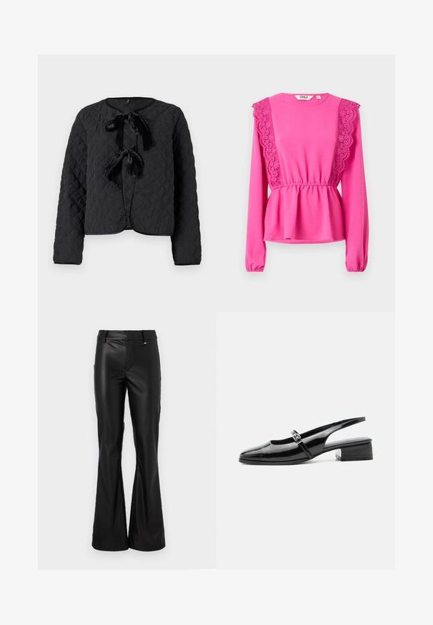 Veste matelassée noire avec des manches longues, un col rond et deux nœuds en velours à l'avant comme détails de fermeture.; Haut fuchsia à manches longues avec des détails en dentelle sur les épaules, taille froncée et tissu texturé. Encolure ronde avec des poignets élastiques.; Pantalons évasés noirs en simili cuir lisse et brillant, avec une taille ajustée et des passants de ceinture. Présente un design minimaliste et des lignes épurées.; Chaussure slingback en cuir verni noir avec un petit talon bloc et une fine bride avec une boucle argentée sur le dessus.