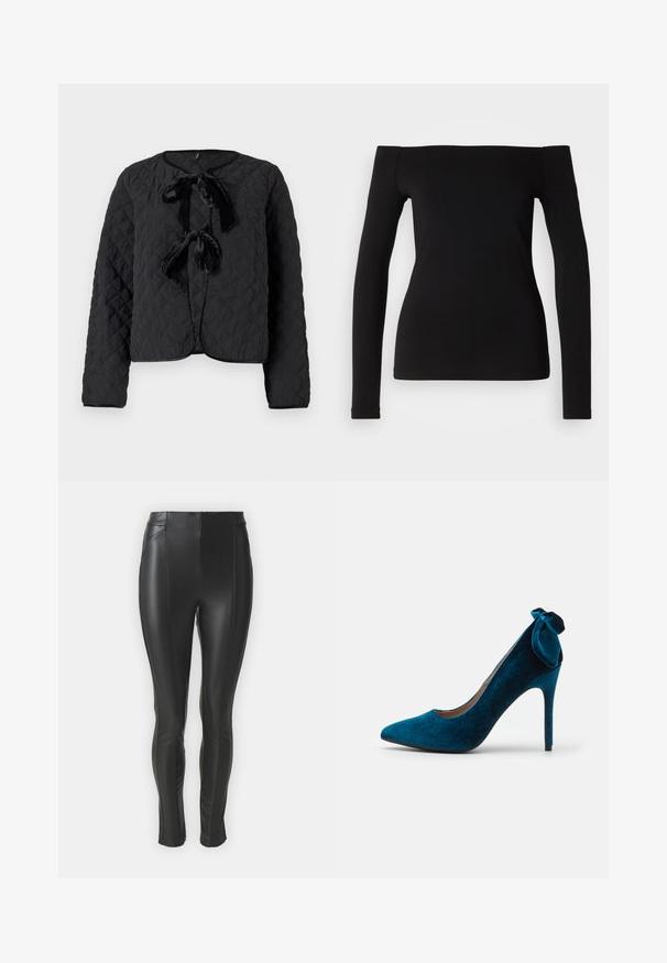 Veste matelassée noire avec des manches longues, un col rond et deux nœuds en velours à l'avant comme détails de fermeture.; Haut noir à manches longues avec un décolleté dénudé, en tissu lisse, design ajusté et ourlet sans couture. Style simple et minimaliste.; Leggings en simili cuir noir au design élégant, avec une taille haute, des coutures latérales pour sculpter la silhouette et une texture lisse.; Anna Field Escarpins - dark blue