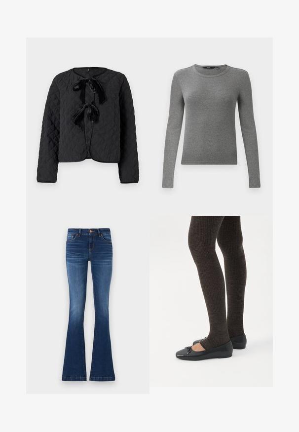 Sort quiltet jakke med lange ærmer, rund halsudskæring og to fremadskuende fløjls-bow ties som lukningsdetaljer.; Grå langærmet ribbet sweater med rund halsudskæring og tætsiddende pasform. Teksturen ser glat og elastisk ud, hvilket gør den velegnet til lag-på-lag.; Udvidede blå jeans lavet af denim, med en mellemhøj talje, fem lommer og kontrasterende syninger langs sømmene.; Ben iført mørke ribbede leggings kombineret med sorte balletsko med små sløjfedetaljer på hvid baggrund.