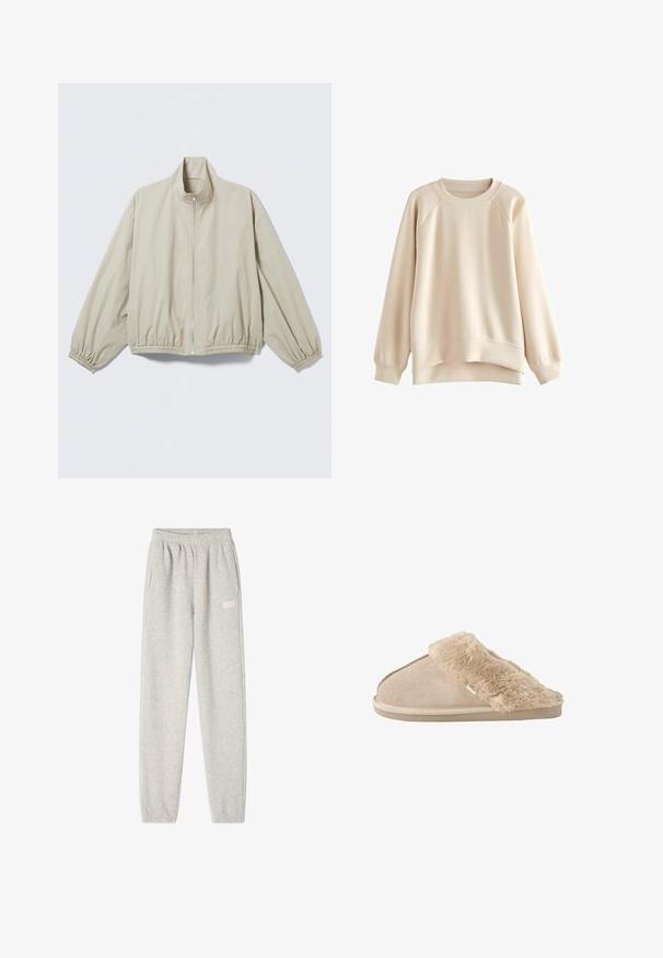 Lys beige lynlåstrøje med elastiske ærmeafslutninger og kant, opretstående krave, vist på en flad overflade.; Lys beige sweatshirt med rund halsudskæring, raglanærmer og en let buet kant. Fremstillet af glat stof med ribbede manchetter.; Grå sweatpants lavet af blød bomuldsblanding, med elastisk talje, sidelommer og et lille logo på venstre lår.; Beige slip-on tøfler med blødt ruskind yderside og blødt, fluffy inderfor og manchet, designet til komfort indendørs.