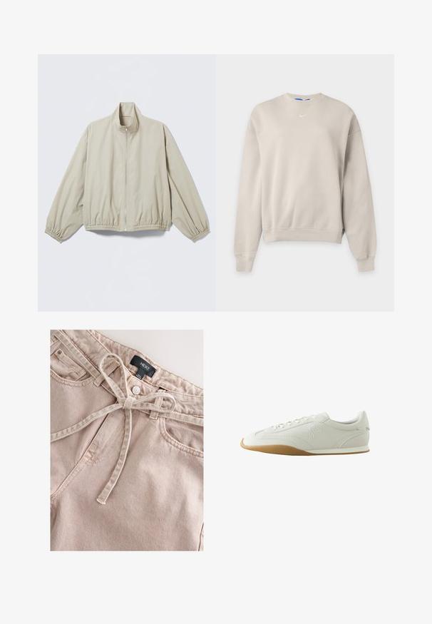 Veste zippée beige clair avec poignets et ourlet élastiques, col montant, présentée sur une surface plane.; Sweat-shirt Nike beige clair col rond à manches longues, avec poignets et bas côtelés, et petit logo Nike swoosh blanc sur la poitrine.; Pantalon en denim rose clair avec une ceinture à nouer, doté d'un bouton à l'avant, de passants pour ceinture et de deux poches avant, présentant un tissu texturé.; Baskets basses blanches avec semelle en caoutchouc marron, détails de couture, fermeture à lacets à l'avant et logo brodé sur le côté.