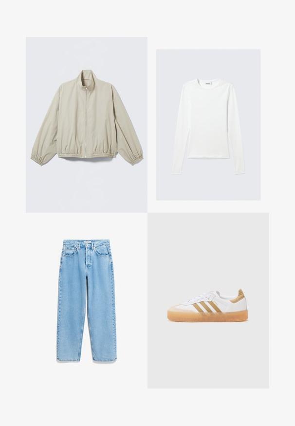Chaqueta beige claro con cremallera, puños y dobladillo elásticos, cuello alto, mostrada sobre una superficie plana.; Camiseta blanca lisa de manga larga con cuello redondo y corte ajustado, mostrada sobre un fondo gris claro.; Vaqueros de mezclilla azul claro con un corte holgado, cintura alta, diseño de cinco bolsillos y un ligero deslavado a lo largo de las costuras de las piernas.; Zapatilla blanca con acentos en beige, que presenta tres franjas, una puntera redonda y una suela de goma translúcida. Materiales de cuero suave y textil.