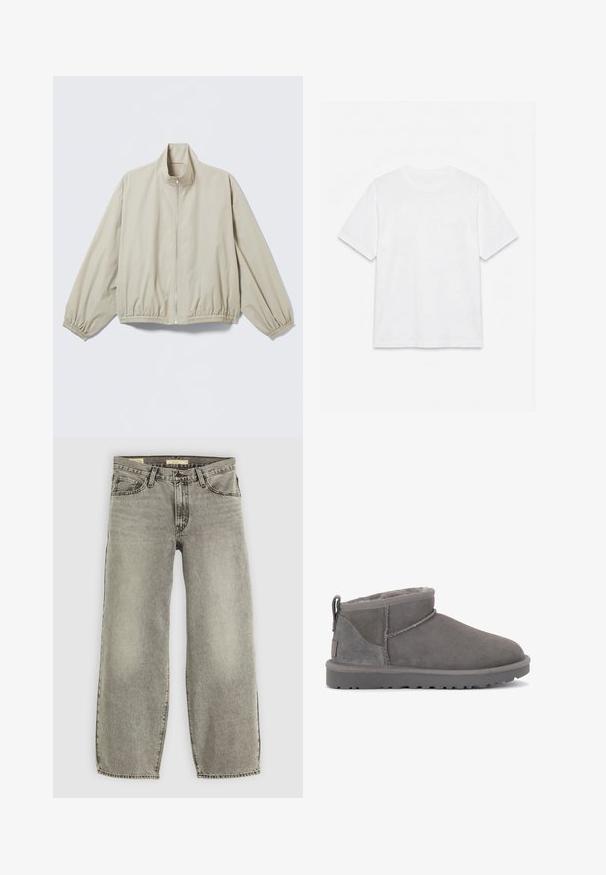 Lys beige lynlåstrøje med elastiske ærmeafslutninger og kant, opretstående krave, vist på en flad overflade.; Hvid ensfarvet t-shirt med korte ærmer og rund hals, lagt fladt på en hvid baggrund.; Lys grå, bredbenede jeans lavet af denim. Har traditionel fem-lomme stil og let falmning gennem stoffet.; Grå ruskinds ankelstøvler med en blød indersål, minimal syning og en formstøbt gummisål. Har en løkke bagpå.