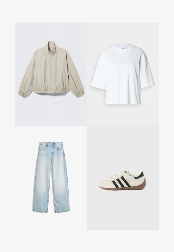 Lichtbeige jas met ritssluiting, elastische manchetten en zoom, staande kraag, liggend op een vlakke ondergrond.; Witte cropped t-shirt met korte mouwen, ronde hals, gemaakt van zacht katoen, met een eenvoudig en strak ontwerp.; Lichtblauwe denim wijde jeans met een hoge taille, vijf zakken, een knoopsluiting en een vervaagde afwerking. Heeft rechte, losse benen.; Witte Adidas-sneaker met zwarte strepen, bruine gestructureerde zool en gouden "SPEZIAL"-letters aan de zijkant, gezien vanaf de buitenkant.