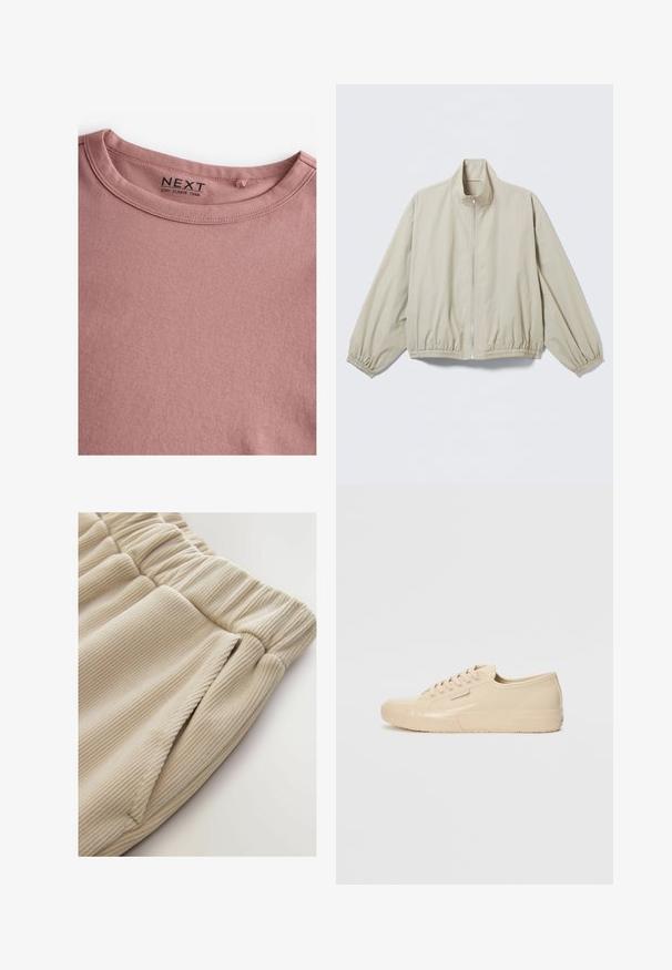 Chaqueta beige claro con cremallera, puños y dobladillo elásticos, cuello alto, mostrada sobre una superficie plana.; Camiseta de manga larga en color rosa polvoriento, hecha de algodón suave, con un sencillo cuello redondo y una textura lisa. La etiqueta dice "NEXT."; Pantalones cortos de tela de canalé beige con cintura elástica y bolsillos laterales, con una textura suave y diseño de corte relajado.; Zapatillas bajas beige con un acabado brillante, que presentan una suela de goma texturizada, punta redonda y seis ojales para los cordones.