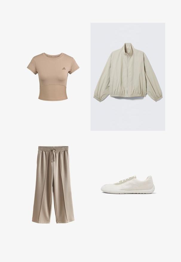 Lys beige lynlåstrøje med elastiske ærmeafslutninger og kant, opretstående krave, vist på en flad overflade.; Beige sports cropped t-shirt med korte ærmer, ribbet nederste del og subtilt logo på brystet. Glat tekstur, tætsiddende design.; Beige brede bukser lavet af glat stof. Har elastisk talje, snøre lukning og afslappet pasform med frontfolder.; Lavprofileret hvid sneaker med strikket overdel, lysegråt øjestykke, hvide snørebånd og fleksibel gummisål, set fra skoens yderside.