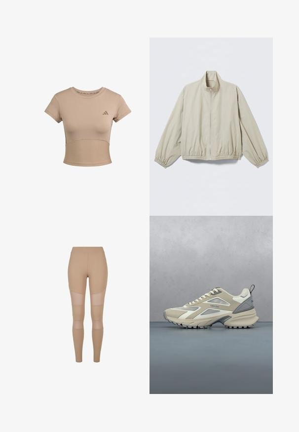 Lys beige lynlåstrøje med elastiske ærmeafslutninger og kant, opretstående krave, vist på en flad overflade.; Beige sports cropped t-shirt med korte ærmer, ribbet nederste del og subtilt logo på brystet. Glat tekstur, tætsiddende design.; Beige leggings med en glat tekstur, der har mesh-paneler ved lårene og læggene for åndbarhed og et tætsiddende design.; Beige og grå atletisk sko med tekstureret sål, snørebånd og Calvin Klein-logo, placeret over en træ- og grusflisebelagt overflade udendørs.