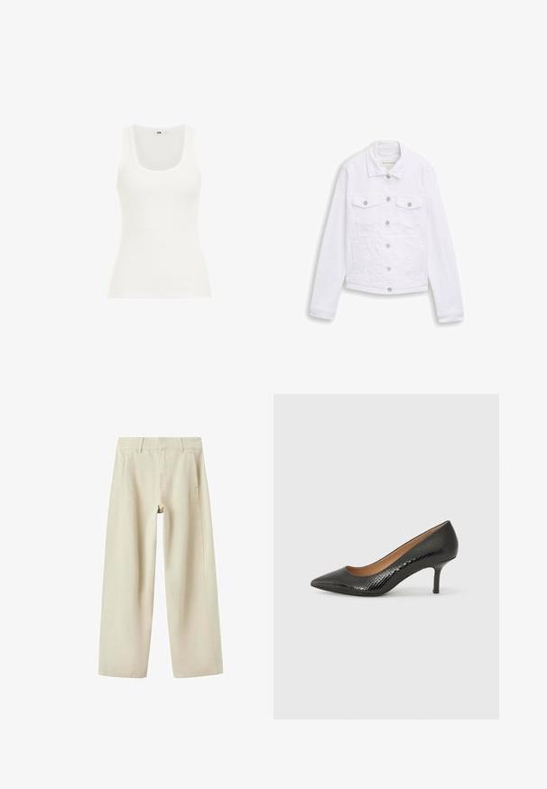 Veste en denim blanche à manches longues, fermeture par boutons à l’avant, deux poches poitrine avec rabats et col, posée à plat sur un fond blanc.; Débardeur blanc côtelé avec un décolleté ras du cou et des bretelles larges. Le tissu semble extensible et ajusté, adapté pour le superposition ou une tenue décontractée.; Pantalon beige à jambes larges avec poches latérales, passants de ceinture et coutures visibles, présenté à plat sur fond blanc.; Escarpin en cuir verni noir avec un bout pointu, finition texturée ressemblant à de la peau de serpent, et un talon aiguille fin.