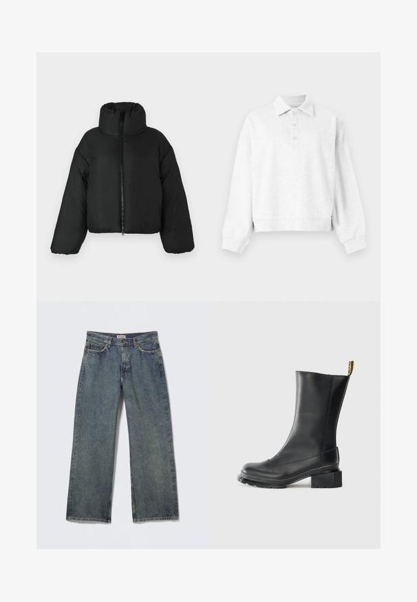 Zwarte cropped pufferjas met een hoge kraag, een ritssluiting aan de voorkant en volumineuze mouwen. Het materiaal lijkt glad en geïsoleerd.; Lichtgrijze pullover met lange mouwen, een kraag en drie knopen op de sluitlijst, geribbelde manchetten en een iets kortere zoom.; Blauwe denim wijde pijp jeans met een hoge taille, ontwerp met vijf zakken en subtiele slijtage op de stof. Merklabel zichtbaar op de tailleband.; Zwarte leren enkellaars met een blokhak, gladde textuur, ronde neus en een haklus met gele branding.