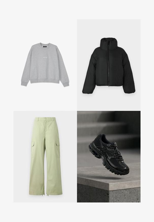 Veste courte en duvet noir avec un col haut, fermeture éclair à l'avant et des manches volumineuses. Le matériau semble lisse et isolant.; Sweatshirt gris clair en mélange de coton. Il présente un col rond et des épaules tombantes. L'avant arbore un petit texte blanc "PEGA.DOR".; Pantalons cargo vert clair avec jambes larges, en coton. Présente deux poches latérales et une fermeture à bouton. Texture lisse et design décontracté.; Chaussure de course noire Nike avec tige en mesh et synthétique flottant au-dessus d'une surface en béton avec des marches en arrière-plan.