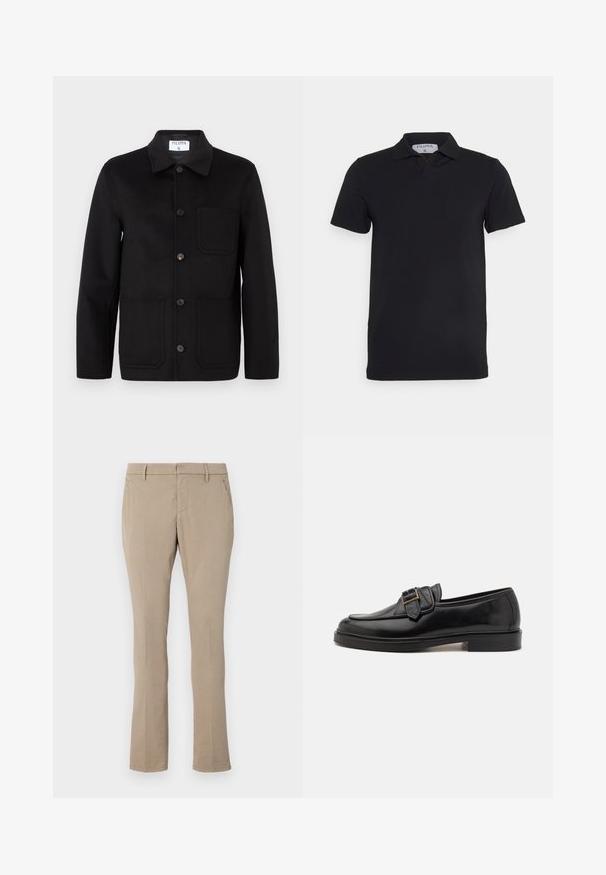 Veste en laine noire avec un col, fermeture à boutons sur le devant, deux grandes poches avant et une poche poitrine. Texture lisse.; Polo noir à manches courtes avec un col classique, fabriqué en tissu lisse. Présente une étiquette avec le nom de la marque 'Filippa K' au niveau de l'encolure.; Pantalons beige en mélange de coton, présentant une coupe slim, une jambe droite, des poches avant et une fermeture éclair avec bouton.; Mocassins en cuir noir avec un bout arrondi et une boucle décorative. Talon plat, solide et texture lisse sur l'ensemble.