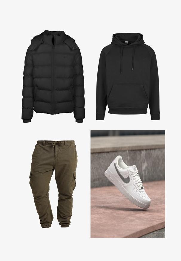 Chaqueta acolchada negra con cremallera frontal, cuello alto y detalles de botones a presión. Presenta secciones acolchadas para aislamiento y puños acanalados.; Sudadera con capucha negra con bolsillo canguro, capucha con cordón y puños acanalados. Hecha de tela suave con un corte clásico y mangas raglán.; Pantalones cargo de color verde oliva hechos de algodón suave, con cordón ajustable en la cintura, puños elásticos y bolsillos laterales. ; Zapatilla blanca Nike Air Force 1 con logo swoosh gris flotando sobre una superficie de piedra y un fondo de pared de piedra gris.