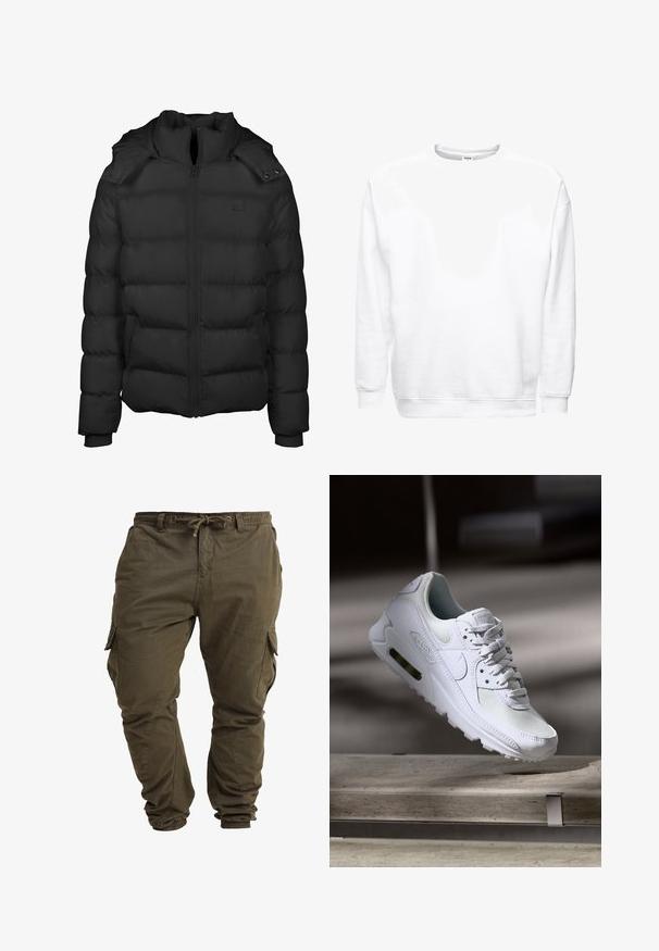 Chaqueta acolchada negra con cremallera frontal, cuello alto y detalles de botones a presión. Presenta secciones acolchadas para aislamiento y puños acanalados.; Sudadera blanca de diseño holgado con cuello redondo. Material suave de mezcla de algodón, puños y bajo acanalados, textura suave.; Pantalones cargo de color verde oliva hechos de algodón suave, con cordón ajustable en la cintura, puños elásticos y bolsillos laterales. ; Zapatilla Nike Air Max 90 blanca con parte superior de malla y cuero, caja de puntera perforada y unidad de aire visible en el talón.