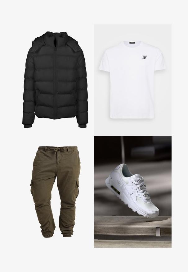 Doudoune noire avec fermeture éclair à l'avant, col haut et boutons-pression. Comprend des sections matelassées pour l'isolation et des poignets côtelés.; T-shirt en coton blanc avec un col rond. Présente un petit logo brodé noir sur la poitrine. Manches courtes et coupe droite.; Pantalons cargo vert olive en coton doux avec cordon de taille réglable, poignets élastiques et poches latérales.; Sneaker Nike Air Max 90 blanche avec une tige en mesh et cuir, une boîte à orteils perforée et une unité air visible au talon.
